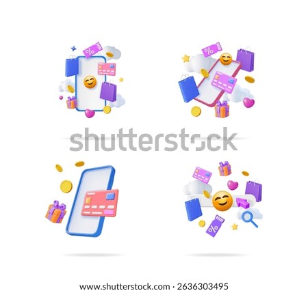 Four 3d vector illustrations of online shopping on smartphone with bags, credit card, coins, and gifts floating around for e-commerce.