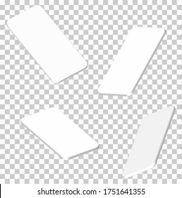 Four 3dD smartphone mockups in different angles, projections. UI modern design. White on blank background.