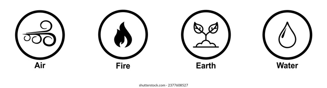 Four 4 elements of nature symbols earth water air and fire with linedrop shape icon sign modern style vector design. Vector Illustration. Vector Graphic. EPS 10