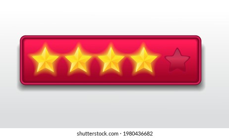 Four (4) stars. Good Customer feedback rating sytem. realistic shiny gold stars in front of red rectangle modern vector illustration