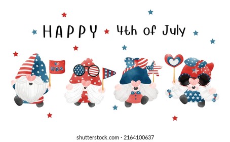 4 de julio Gnome Patriotic sostiene la bandera de los Estados Unidos Caricatura del Día de la Independencia de los Estados Unidos ilustración de la acuarela vector