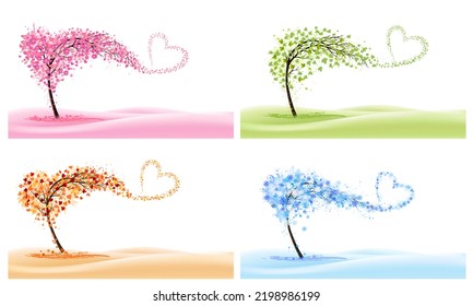 Four abstact backgrounds with stylized trees with colorful leaves, snowflakes and heart shaped flowers representing different seasons - spring, summer, autumn, winter. Vector