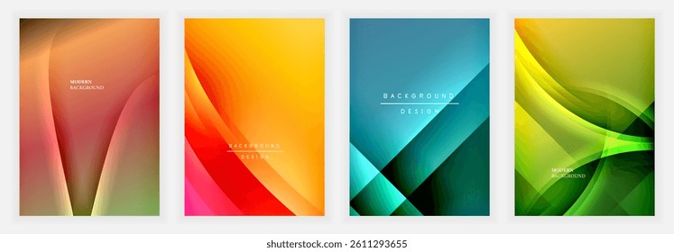 Four abstract backgrounds. Dynamic curves, vibrant gradients create modern designs. Colors include orange, yellow, blue, green. Text elements present, minimal style.