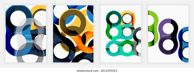 Four abstract backgrounds feature overlapping circles, vibrant colors, modern design elements. Geometric shapes create dynamic compositions, suitable for various projects.