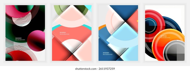 Four abstract backgrounds. Geometric shapes overlap, creating dynamic compositions. Colors include green, red, orange, blue, pink, gray. Modern design elements present.