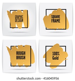 Four abstract backgrounds with gold spots and a black frame. Many small splashes of ink. Vector illustration. 