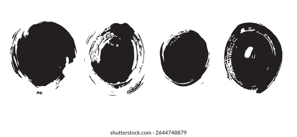 Four Abstract Black Ink Circles Grunge Texture Background.