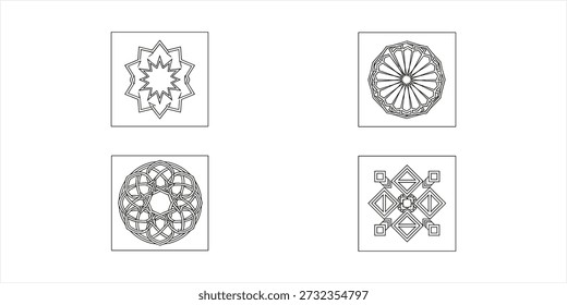 Cuatro patrones geométricos abstractos en blanco y negro, que se asemejan a intrincados diseños ornamentales y arte lineal, están ordenados en una cuadrícula de 2x2 sobre un fondo blanco limpio