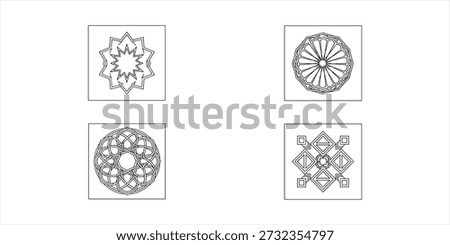 Four abstract black and white geometric patterns, resembling intricate ornamental designs and line art, are neatly arranged in a 2x2 grid on a clean white background