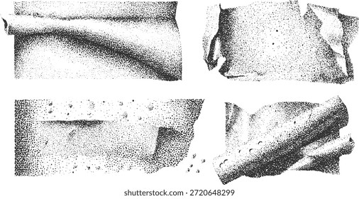 Cuatro texturas punteadas abstractas en blanco y negro que se asemejan a fragmentos de papel o tela rotos