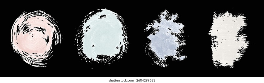 Four abstract brush strokes on black. Circular, oval, splatter, and rectangular shapes. Brush strokes in pastel colors. Artistic brush strokes for design. Creative brush strokes, vector set.