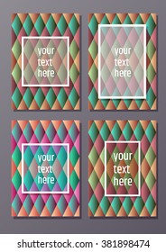 Four abstract colorful 3d effect A4 dimensions card set. Creative title page background. Bright minimalistic backdrop. Can be used as cover, brochure, report or flyer design template.