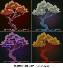 four abstract colorful trees