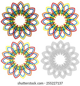 Four abstract colorful vector circular colorful shapes similar to wicker patterns with different details in performance