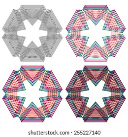 Four abstract colorful vector circular colorful shapes with triangles same as a wicker pattern with different details in performance