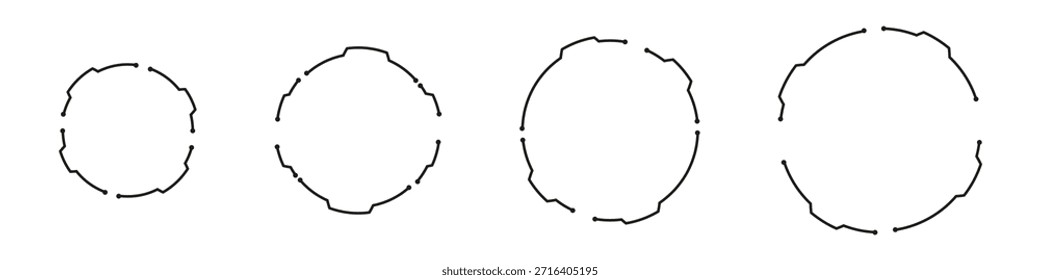 Four abstract cyber circles showcasing futuristic digital design concepts in black and white.