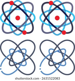 Four abstract designs featuring atomic orbital models and intertwined loop patterns on a white background