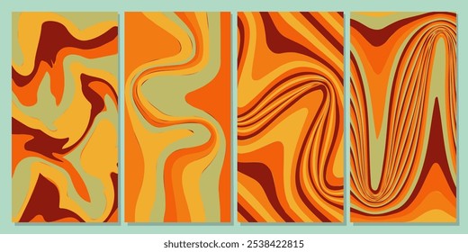 Four abstract designs with orange, yellow, and brown swirls suitable for backgrounds, branding, packaging, and decorations with warm color schemes.