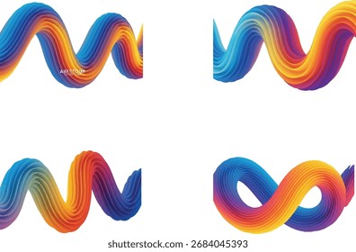 Quatro formas abstratas e digitalmente renderizadas são apresentadas sobre um fundo branco. Cada forma é um tubo retorcido e retorcido com uma textura suave e em camadas. As cores se transformam através de um arco-íris vibrante.