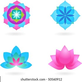 Four abstract floral mandalas, yoga backgrounds, icons and logos