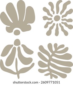 Four abstract floral shapes with organic lines and smooth edges. The composition includes stylized botanical forms arranged in a harmonious layout. Cartoon vector illustration.