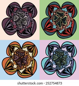 Four abstract flowers of different colours