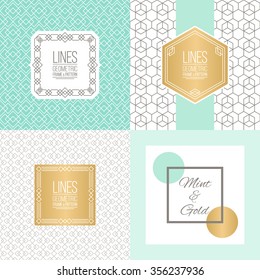Four abstract geometric backgrounds with linear patterns and monoline badges. Place for your logo, identity or text. Mint and golden colors. Perfect for wedding design.