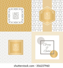 Four abstract geometric backgrounds with linear patterns and monoline badges. Place for your logo, identity or text. Gray and golden colors. Perfect for wedding design.