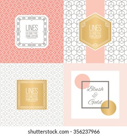 Four abstract geometric backgrounds with linear patterns and monoline badges. Place for your logo, identity or text. Blush and golden colors. Perfect for wedding design.