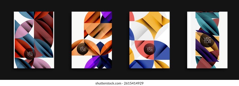 Four abstract geometric designs. Circles, triangles, squares overlap creating colorful patterns. Modern vector illustrations for backgrounds.