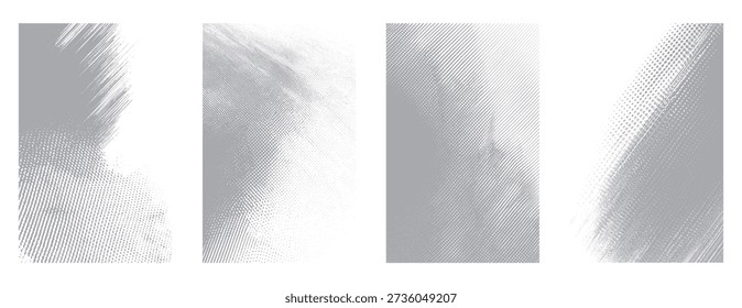 Four abstract grey textured backgrounds with diagonal lines and halftone dots white