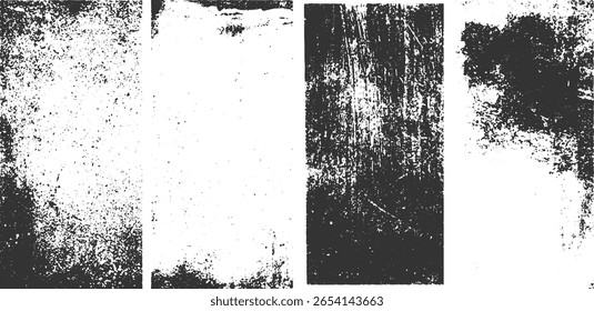 Four abstract grunge textures featuring black and white distressed patterns and speckled effects.