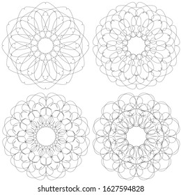 Four abstract guilloche elements in the form of seamless patterns and solar ornament isolated on a white background. Used to decorate a banknote, certificate, currency, voucher or money.
