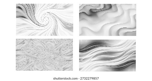 Quatro padrões abstratos de meio-tom em preto e branco com variação de densidade e distorção de pontos