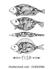 four abstract hand drawn fishes