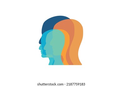 Vier abstrakte menschliche Profile. Symbol für Therapie, Coaching, Psychologie. Logo für psychische Gesundheit