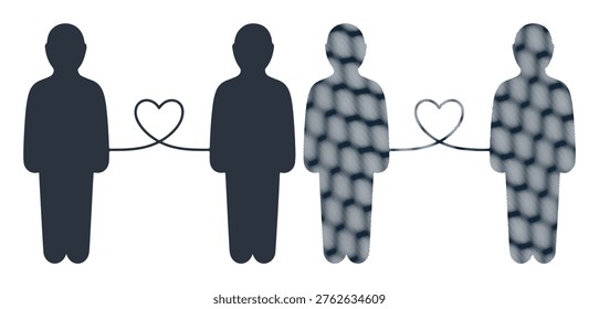 Four abstract human silhouettes, connected by heart symbols, represent visible and invisible emotional bonds.