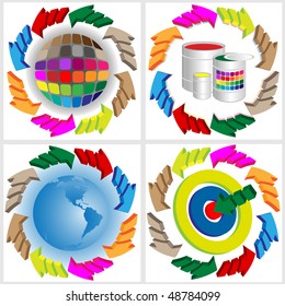 Four abstract images of color arrows,palettes,the globe,a paint and target on a light background