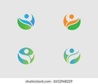 Cuatro logotipos abstractos con figuras humanas y Elementos de hojas en colores degradados