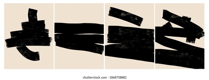 Four abstract minimalistic paintings.Black horizontal lines drawn carelessly with a paint roller and thick black acrylic paint, artwork in vector