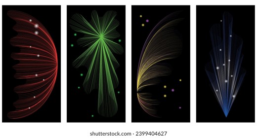 Cuatro diseños abstractos de múltiples líneas brillantes con resaltes en el fondo negro. Ilustración vectorial para impresión, cubierta, afiche, tarjeta, tela, ropa.   