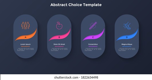 Cuatro elementos abstractos de papel negro redondeados u ovalados. Concepto de 4 funciones de estrategia de marketing a elegir o seleccionar. Plantilla sencilla de diseño infográfico. Ilustración vectorial moderna plana para presentación.