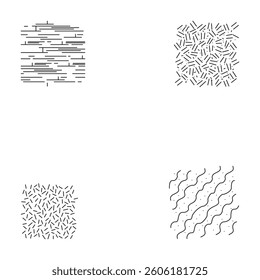 Four abstract patterns, geometric lines, black and white, minimalist designs.