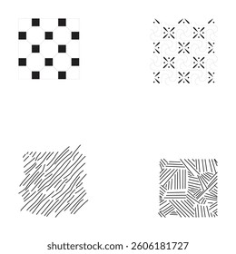 Four abstract patterns, geometric lines, black and white, minimalist designs.