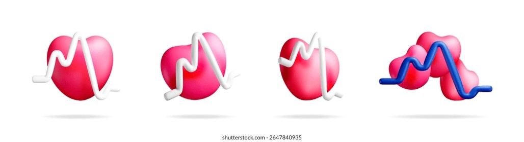 Quatro corações abstratos cor-de-rosa com linhas de ECG brancas e azuis. Ritmo cardíaco e conceito de saúde como ilustração vetorial 3d para design médico.