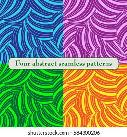 Four abstract seamless pattern with geometric shapes and waves. Colorful template for card, invitation, textile and wrapping. Vector illustration.