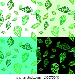 Four abstract seamless patterns with green leaves against four different backgrounds