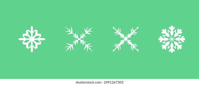 Four abstract snowflakes in various styles are illustrated on a green background.