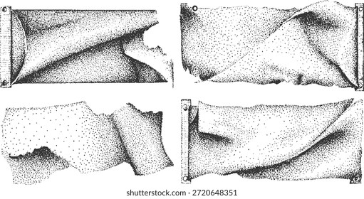 Four abstract stippled fabric textures with torn edges and grommets