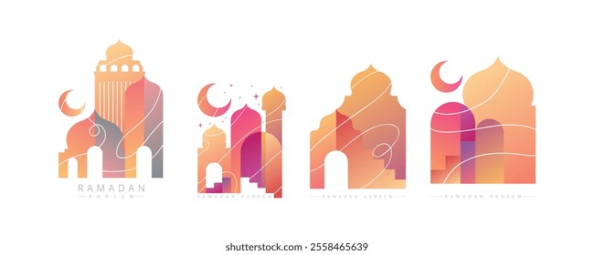 Four abstract stylized illustrations of mosques and crescent moons celebrate Ramadan Kareem.